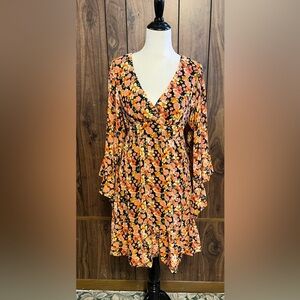 Stella Parker Floral Multicolor Bell Long Sleeve Vneck Lined Dress Sz 12